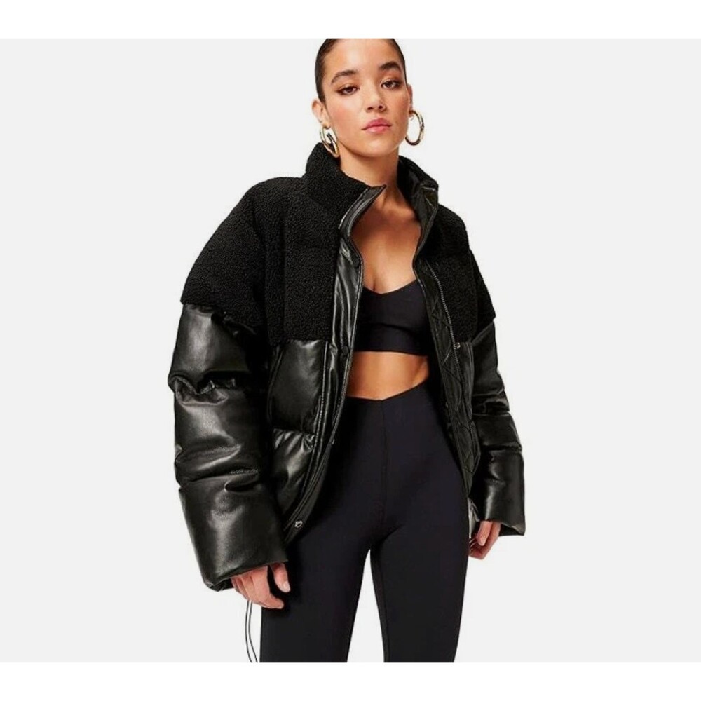 Good American Faux Vegan Leather Shearling Quilted Puffer Jacket Coat Black L